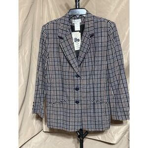 VTG 80s Private Concepts Womens 6‎ Wool Blend Knit Blazer Plaid Black NWT